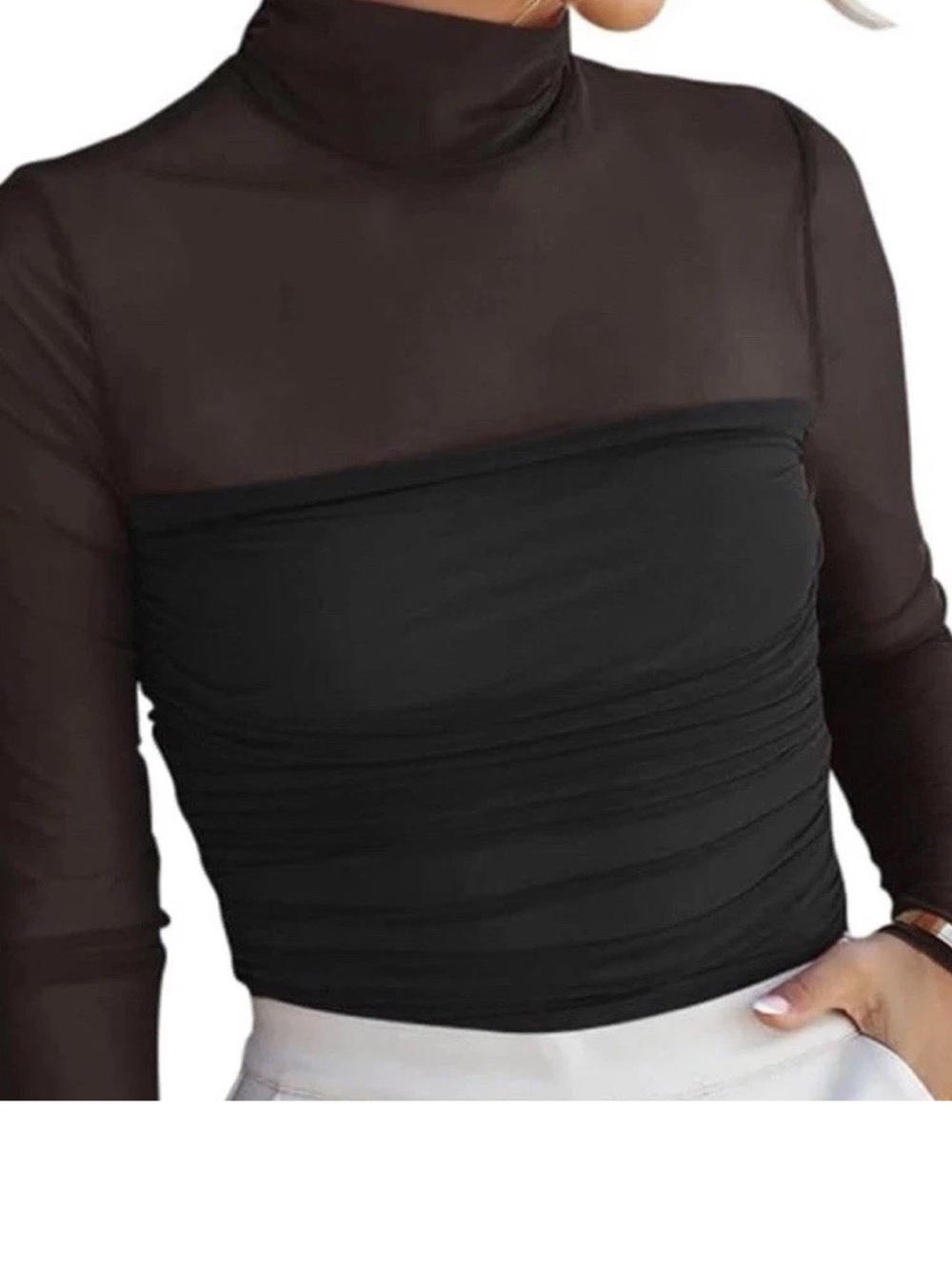 ReoRia Black Sheer Mock Neck Long Sleeve Bodysuit